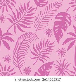 Seamless Pink Tropical Pattern with Palm Leaves and Sun Icons – Vibrant Summer Jungle Design
