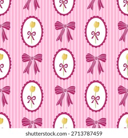 Patrón floral de tulipán rosa sin costuras con lazos de cinta, lindo formato de Ilustración vectorial plana, perfecto para envolver papel, impresiones de tela, Fondos de pantalla románticos y proyectos de diseño de papelería.