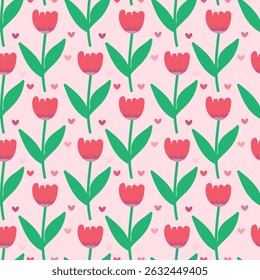 Naadloze Roze Tulp Patroon met Harten voor Kids stof en Spring Decor