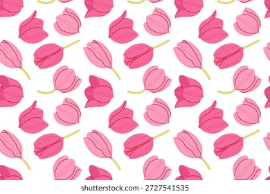 Padrão de tulipa rosa sem costura. Flores primavera em estilo plano. FreeHand desenhado ilustração vetorial para papel de parede, scrapbooking, papel de embrulho, têxtil. Flores repetidas. Design bonito, fresco e delicado.