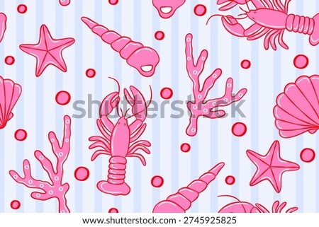Seamless pink under the sea pattern with lobster starfish coral shells and bubbles on soft striped background