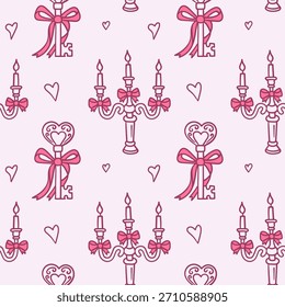 Patrón de San Valentín rosa sin fisuras con llave de corazón y candelabro atado en lazos, rodeado de corazones dibujados a mano, ideal para papel de regalo romántico, tela y elegante decoración navideña.