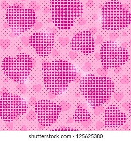 Seamless Pink Valentine Pattern with Shiny Halftone Heart Silhouettes. Vector Illustration.