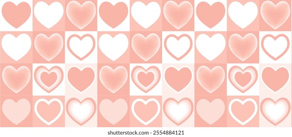 Seamless pink Valentine's Day background. Vector pattern. Trendy geometric shapes with  hearts in retro style for postcards, gift wrapping and decoration of Valentine's Day, Mother's Day and weddings.