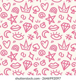 Seamless pink vector pattern featuring hand-drawn elements: eyes, diamonds, arches, crowns, spirals, and more. Modern, playful, and stylish design perfect for fashion, stationery, and digital projects