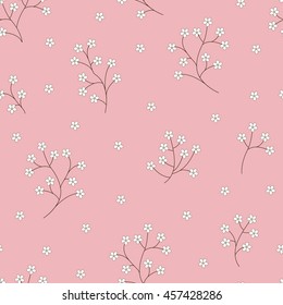 Seamless pink vector pattern with tiny tender flowers and stems