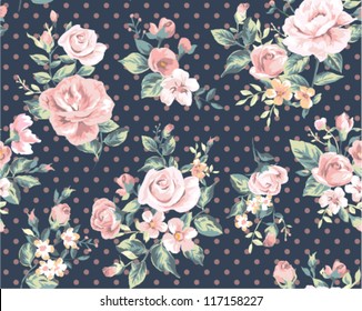 seamless pink vintage flower pattern on navy dot background