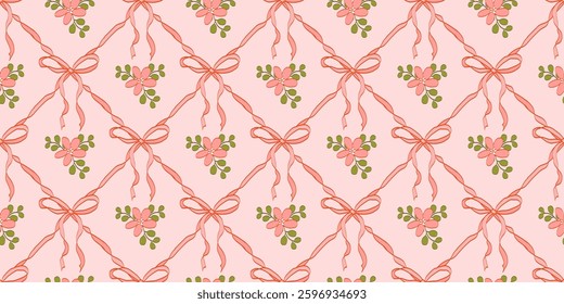 Seamless pink vintage pattern with coquette-style ribbons, bows, and floral elements. Perfect for fabric, wrapping paper, wallpapers, scrapbooking, stationery, packaging, and feminine-themed branding.