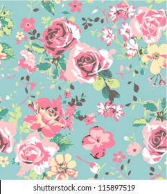 seamless pink vintage rose pattern on green blue background