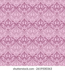 Seamless pink and violet classic damask pattern with ornate vintage floral motif design. Perfect for luxury wallpaper, textiles, or stationery.
