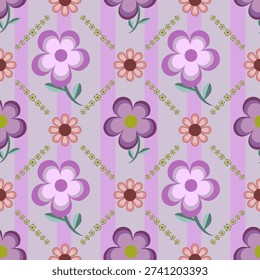 Seamless pink and violet floral pattern with blossoms and leaves for spring and summer wallpaper design