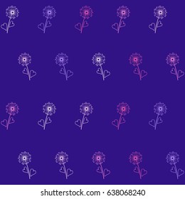 Seamless pink and violet vector dandelion pattern. Floral background design. Summer flowering plants. Blow ball flower with heart shaped feather illustration. Print, textile, wrapping paper ornament.