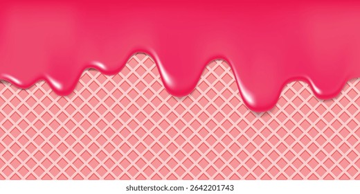 Seamless of pink wafer and dripping strawberry cream or jam repeatable. Vector illustration