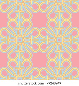 Seamless pink wallpaper pattern with yellow, orange and blue candy colors