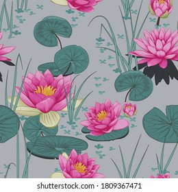 Seamless Pink Water Lilly (Lotus) Flowers with Green Leaves and Grass on Water Pattern for Fabric Patterns