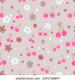 Seamless Pink Watercolor Flowers And Cherries On Pink Pastel Background With White Floral Elements. Cute Repeating Floral And Cherry Pattern. Editable Vector Illustration. EPS 10.