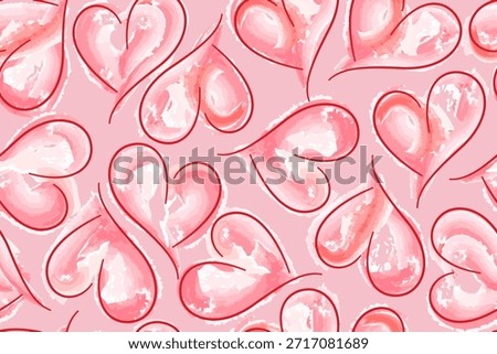 Seamless pink watercolor linear pattern of hearts. Love symbol icons. Design for Valentine's Day, weddings, and birthdays.