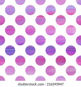 Seamless pink watercolor pattern with polka dots