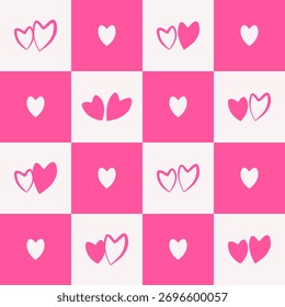 Seamless pink and white checkerboard pattern with various heart icons. Ideal for Valentine’s Day, romantic cards, wedding invitations, wrapping paper, textiles, or digital design projects.
