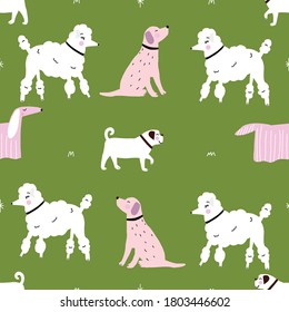 Seamless pink and white dog monochrome retro hipster pattern with green background