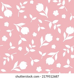 Seamless pink and white floral pattern with flowers silhouettes. Vector illustration