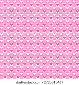 Seamless Pink and White Gingham Checker hearts Pattern for Valentine's day.
