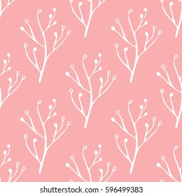 Seamless pink and white hand drawn, doodle, floral vector pattern for background, backdrop. Scandinavian, ethnic style for wrapping, textile, print. Flowers and plants illustration eps 10.