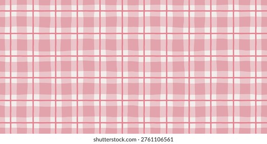 Seamless pink and white plaid pattern with hand-drawn geometric lines and watercolor texture. Plaid background. Modern banner
