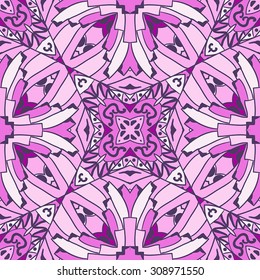 Seamless pink and white vector kaleidoscope pattern. Pink crystals, mandala, flowers. Vintage decorative elements. Hand drawn background.