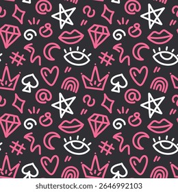 Seamless pink and white vector pattern featuring hand-drawn elements: eyes, diamonds, arches, crowns, spirals, stars, and more. Modern, playful, and stylish design perfect for fashion