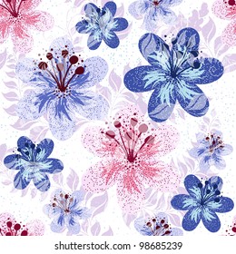 Seamless pink and white-blue floral pattern with flowers and translucent leaves (vector EPS 10)