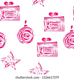 Seamless pink winter pattern. Tangled line Christmas elements isolated on white background. New Years ball, gift,star. Vector illustrations for wallpaper, posters, wrapping paper, textiles, presents