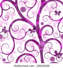 Seamless pink-white spring pattern with translucent butterflies and flowers (vector EPS 10).