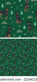 Seamless Pinscher dog pattern, holiday texture. Square format, t-shirt, poster, packaging, textile, textile, fabric, decoration, wrapping paper. Trendy hand-drawn dogs wallpaper. Holiday background.