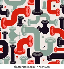 Seamless Pipe Elements Pattern. Modern Vector Illustration for Textile Design. Mix of Colorful Plumbing Items