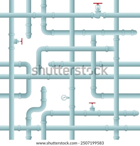 Seamless pipeline pattern. Industrial plumbing system. Tube constructions. Water supply with valves and sensors. Sewerage repair. Intertwined pipes. Conduit faucets