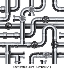 Seamless pipeline pattern. Realistic water and gas engineering plumbing system. 3D glossy steel cylindrical tube constructions. Round valves and pipe connection with bolts. Vector industrial template