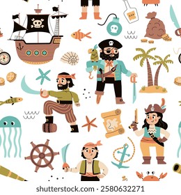 seamless pirate elements. Cartoon sea robbers repeated objects, funny captain, sailor and cabin boy, boys nursery prints, vector pattern