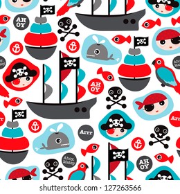 Seamless pirate island illustration colorful kids retro background pattern in vector