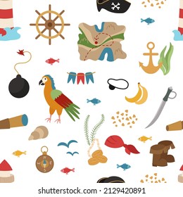 Seamless pirate pattern with black flag, coins, saber, jewels, map, fish, lighthouse. Vector illustration of sea voyages and treasure hunting.