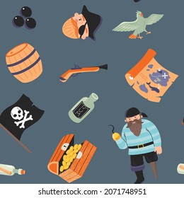 Nahtlose Piratenmuster mit Brust von Goldmünzen, Karte von Verzierungen, Glockenroger, Papagei, Porträt von Korsair etc. 