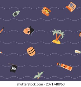 Seamless pirate pattern with chest of gold coins, map o treasures, jolly roger, parrot, portrait of corsair etc.