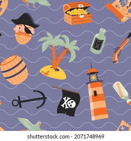 Seamless pirate pattern with chest of gold coins, map o tresures, jolly roger, parrot, portrait of corsair etc. 