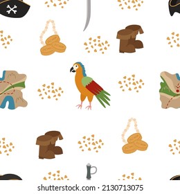 Seamless pirate pattern with cocked hat, coins, saber, jewelry, boots, map. Vector illustration of sea voyages and treasure hunting.