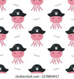 Seamless Pirate Pattern with jellyfish in Pirate hat. Vector illustration in cartoon style. For posters, banners, card, printing on the pack, paper, printing on clothes, fabric, wallpaper.