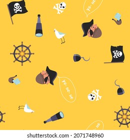 Seamless pirate pattern with jolly roger, portrait of corsair, seagull, spyglass, helm, hook etc. Yo-ho-ho phrase