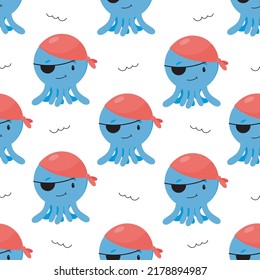 Seamless Pirate Pattern with octopus in Pirate costume. Vector illustration in cartoon style. For posters, banners, card, printing on the pack, paper, printing on clothes, fabric, wallpaper.