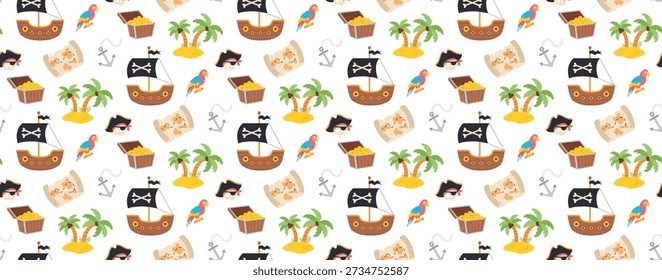 Seamless pirate pattern with treasure chest, ship, island and parrot for kids