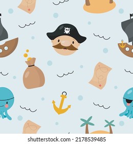 Patrón pirata sin inconvenientes. Ilustración vectorial al estilo de las caricaturas. Para carteles, carteles, tarjetas, impresión en el envase, papel, impresión en ropa, tela, papel pintado.