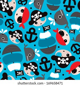 Seamless pirate ship and anchor whale illustration kids background pattern in vector